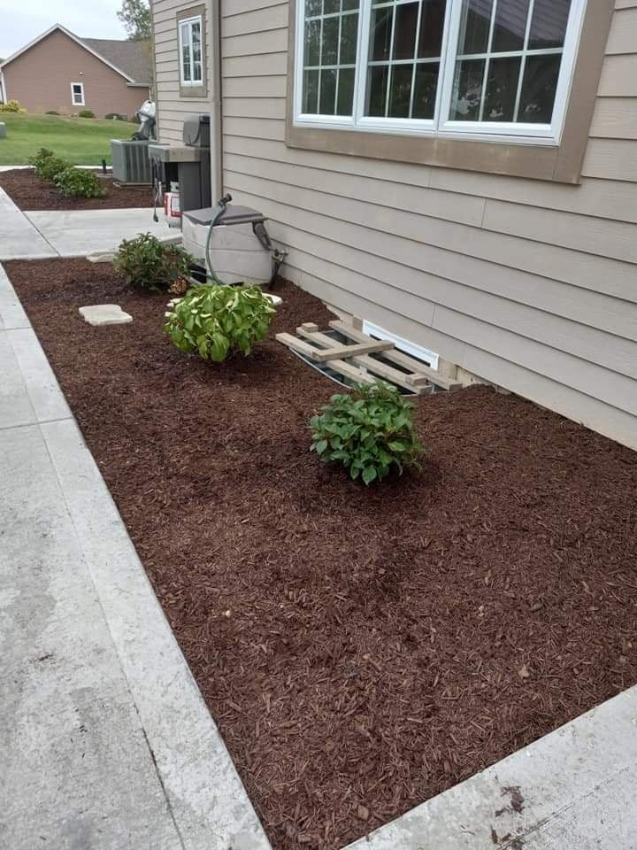 Un macizo amplio de mantillo café a lo largo del costado de la casa con hortensias recién plantadas, rematado al ras de la banqueta de concreto