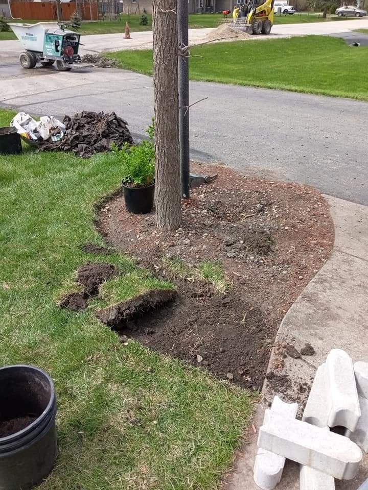 El macizo del árbol del camellón antes del mantillo: césped retirado, tierra removida y blocks de borde apilados listos para colocarse